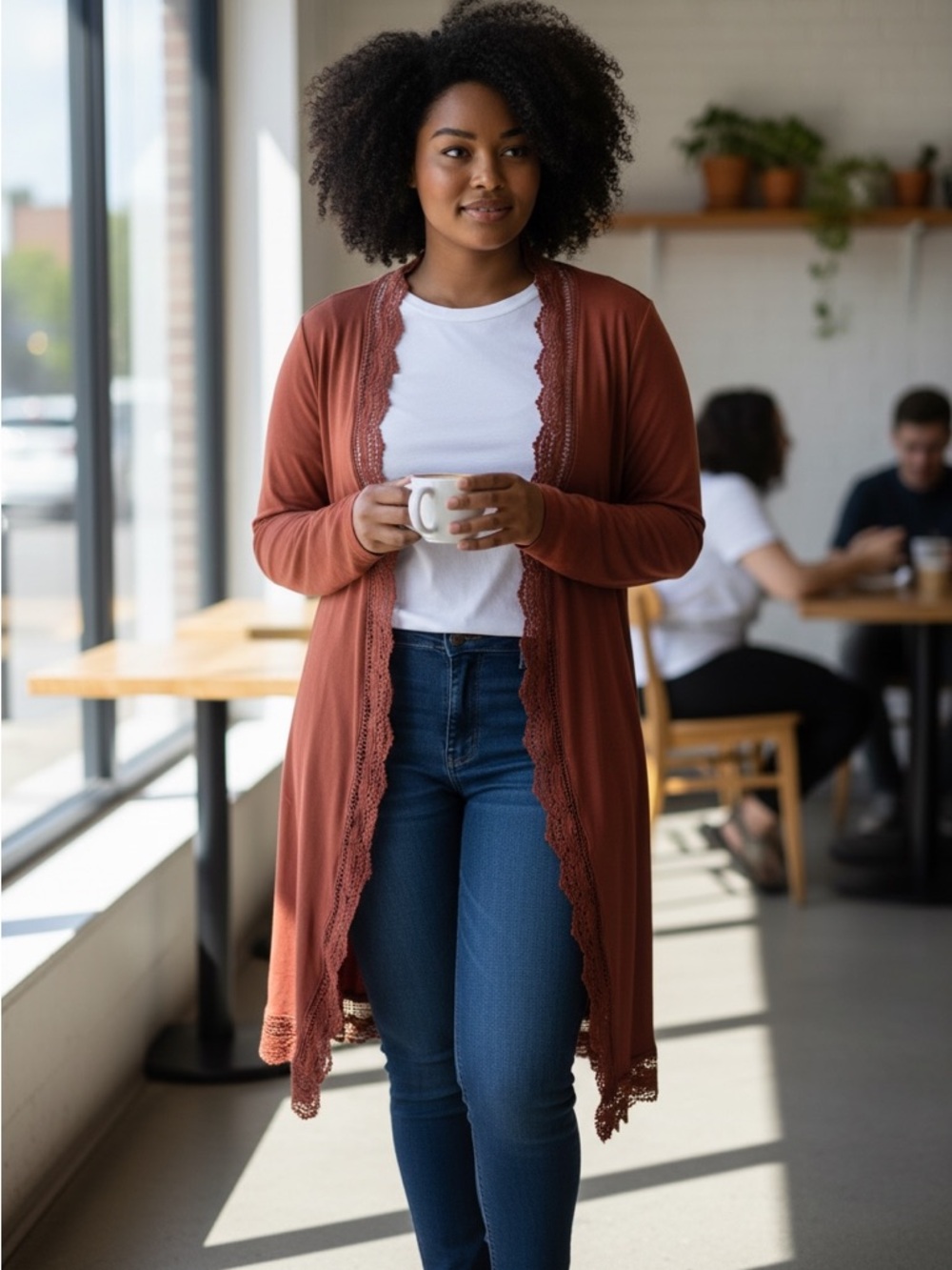 Women's Rust Lace-Trim Long Cardigan Sweater